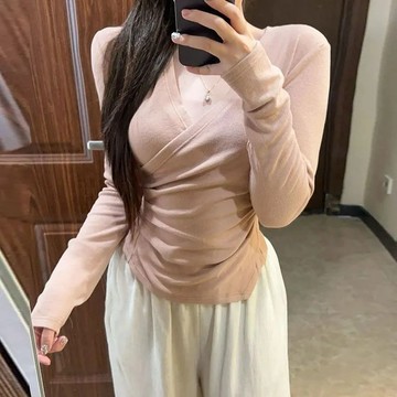 【🍇精選】M-4XL 大碼女裝 秋冬打底衫 德絨V領掐腰長袖上衣 胖mm 純慾風交叉V領不規則修身上衣 長袖上衣打底衫