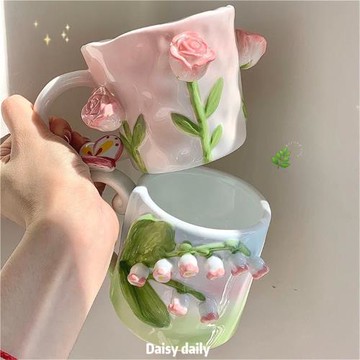 少女心ins手繪郁金香玫瑰立體浮雕花朵高級感閨蜜禮物馬克杯陶瓷