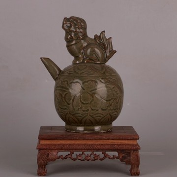 宋 耀州窯青釉刻花獅子倒流壺 仿古舊貨全手工瓷器古玩古董收藏品