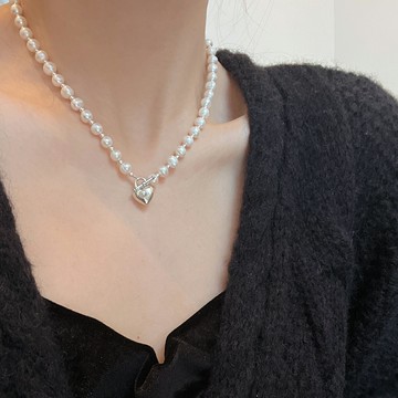 小寶s925純銀淡水珍珠愛心OT扣毛衣鏈項鏈女小眾設計感高級冷淡風