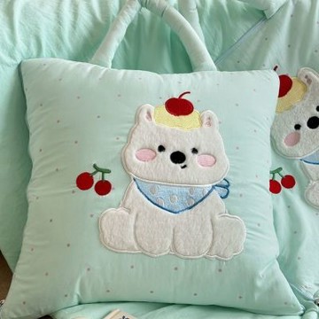 HANACO 全棉萌寵刺繡抱枕-40×40cm 車載午睡毯兩用 可水洗夏季空調被 全棉刺繡 抱枕毯兩用