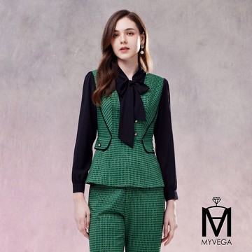 【MA】千鳥格造型領巾套裝上衣-綠