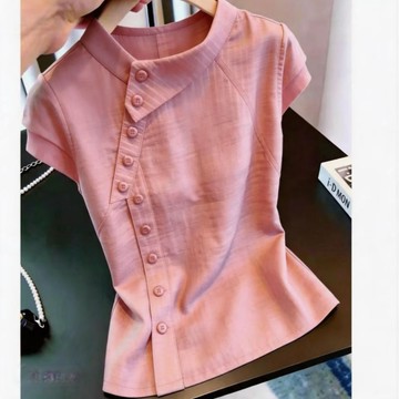 薄款百搭襯衫 襯衣 上衣 短袖衫 中年媽媽夏裝短袖襯衣女洋氣斜扣收腰遮肚顯瘦薄款襯衫百搭上衣 平價韓系女裝