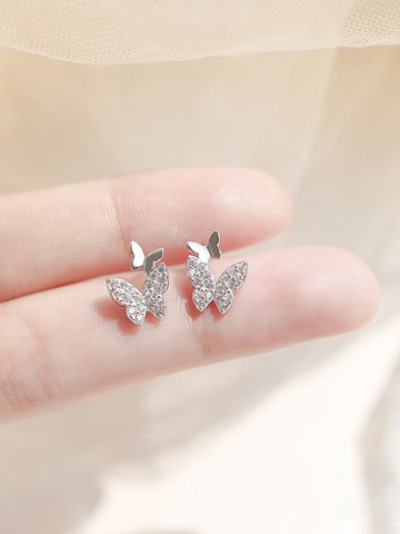 蝴蝶耳釘女簡約百搭學生氣質清新鋯石耳釘小巧精致純銀耳釘防過敏