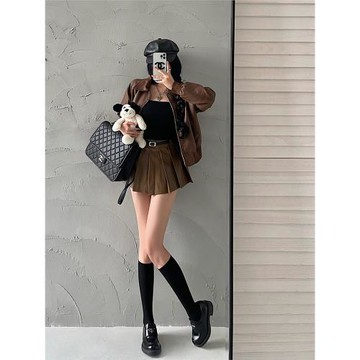YoungGirlDay美拉德穿搭復古翻領拉鏈夾克pu皮衣外套寬松機車服女
