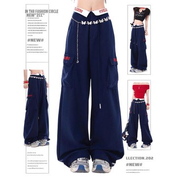 美式加州街頭克萊因藍休閑衛褲女秋冬2025新款高腰寬松闊腿拖地褲