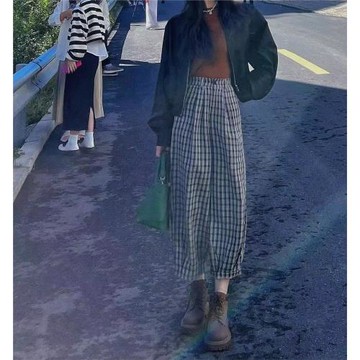 格子九分闊腿褲女2025新款復古氣質高腰寬松百搭格紋哈倫休閑褲子