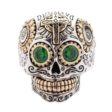 綠眼糖骷髏戒指 – 純銀男士戒指