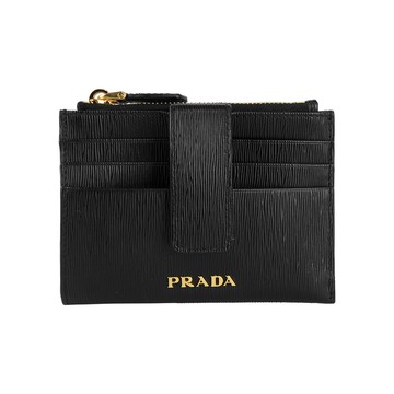 PRADA 金色Logo 水波紋釦式卡夾/拉鍊零錢包(黑色) 1MC026 2B6P F0002