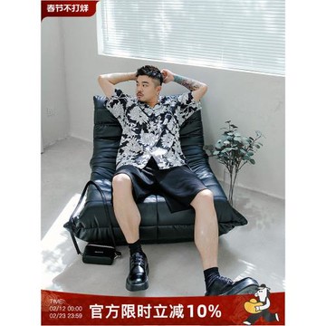 原創大碼花襯衫男加肥加大復古黑白短袖中性日系襯衫胖潮7689