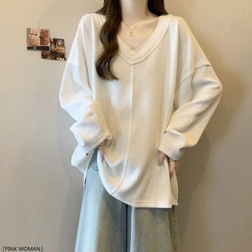 坑條長袖打底衫T恤女春秋冬季內搭寬鬆顯瘦大碼中長款上衣女