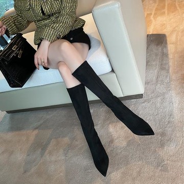 靴子女中筒靴尖頭秋冬新款細跟高跟小個子不過膝絨面小跟瘦瘦長靴
