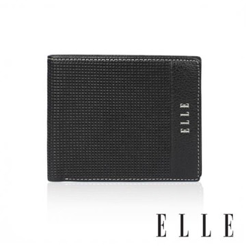 【ELLE HOMME】ELLE 格紋3卡側翻3窗格 皮夾/男夾/短夾(黑色)