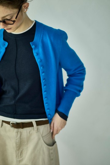 藍色圓領針織開襟外套