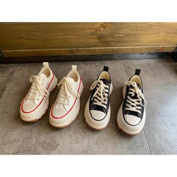 帆布鞋女2025年春季女鞋新款黑色圓頭厚底低幫系帶增高休閑板鞋子