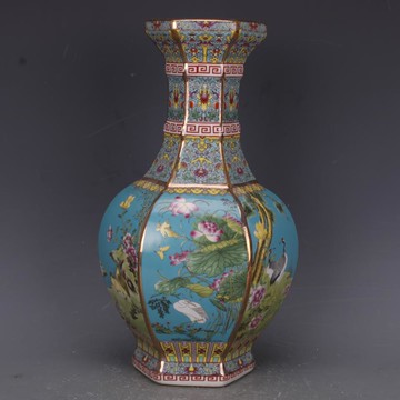 清乾隆琺瑯彩花鳥六方賞瓶仿古工藝品瓷器家居中式擺件古董古玩1入
