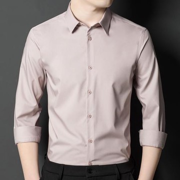彩文羊春秋長袖襯衣男士新款純色襯衫商務休閑中年爸爸裝上衣服裝