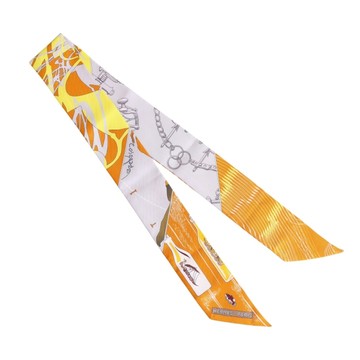 HERMES 愛馬仕 Caleche Mors Et Bouteilles Twilly 絲巾 橘/灰/黃色 絲綢 【二手名牌BRAND OFF】