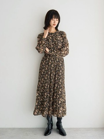 復古碎花圖案荷葉邊百褶連身洋裝(07001093100) - YECCA VECCA