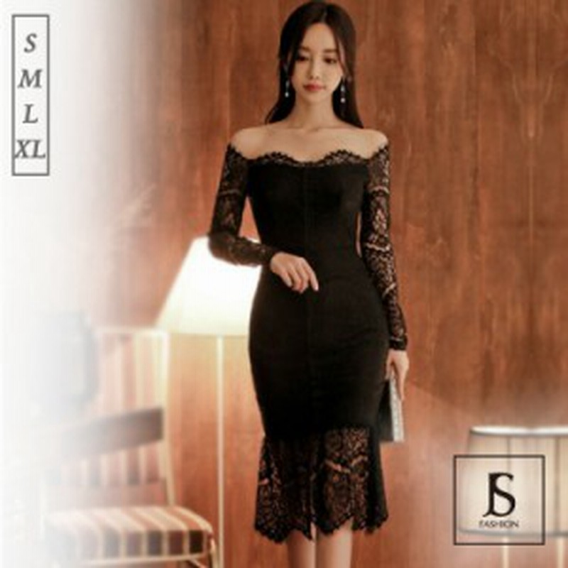 パーティードレス オフショルダー 総レース マーメイドワンピース ブラックドレス タイトワンピ ミディアム丈 ミモレ丈 袖あり きれいめ 通販 Lineポイント最大1 0 Get Lineショッピング