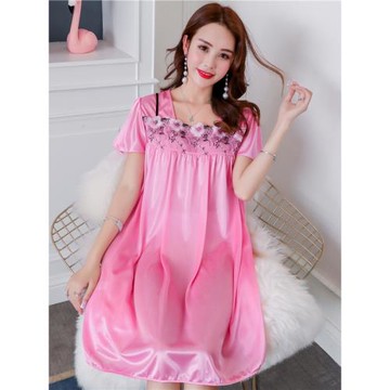睡衣女夏季韓版短袖冰絲睡裙加大碼薄款寬松孕婦真絲綢性感家居服