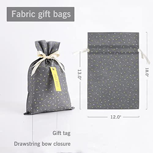 Yatinbos Fabric Gift Wrap Bags  Grey Reusable Cloth Gift Bags Sets of with Drawstring and Tags for Christmas Holiday  Birthday  Wedding or Daily