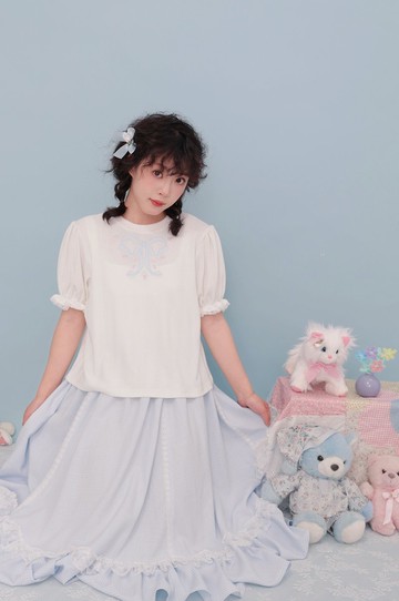 復古少女感 蝴蝶結刺繡短袖T恤