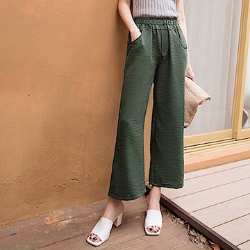 涼感不易皺腰鬆緊純色雙口袋寬褲-OB嚴選