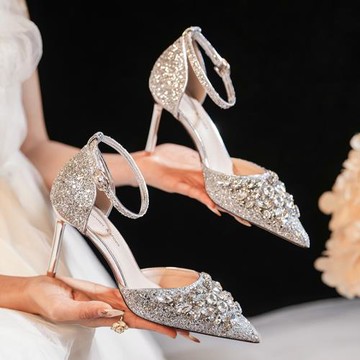 2024春季新款一字扣水鉆金色高跟涼鞋女細跟單鞋婚禮宴會婚鞋中空