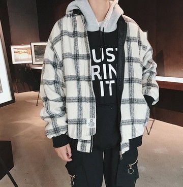 FINDSENSE H1秋季 新款 日本 街頭 原宿 復古格子 毛呢夾克 大碼 顯瘦外套 潮男 上衣呢子外套