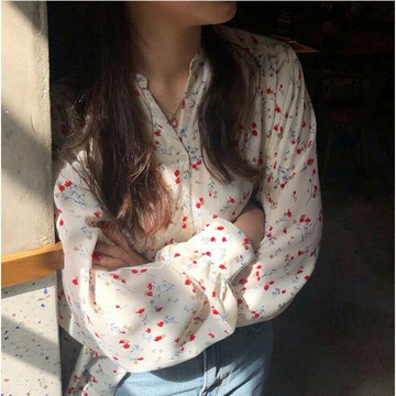 碎花寬鬆韓版垂感V領休閒長袖村衫