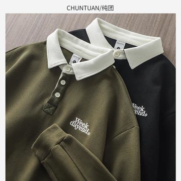 日系珠地棉polo衫男長袖刺繡秋季寬松衛衣翻領襯衫重磅復古外套潮