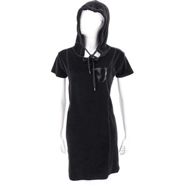 TRUSSARDI 黑色LOGO貼飾絨質連帽短袖洋裝