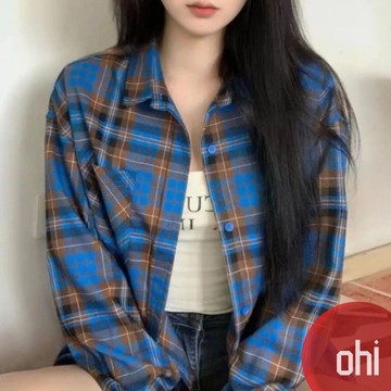 【ohi】復古藍棕色格子襯衫 慵懶風襯衣外套 長袖襯衫 學院風襯衫女 女生襯衫 襯衣 襯衫 上衣 女裝 GSNA75