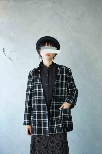 尋寶古著-黑白格紋V領雙排扣西裝外套