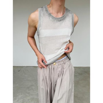 chein/夏款法式慵懶扎染漸變毛織無袖上衣復古寬松透氣薄款背心