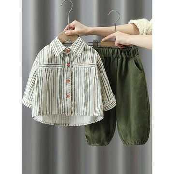 男童秋季套裝2025新款兒童條紋襯衫兩件套小男孩痞帥春夏裝時髦潮