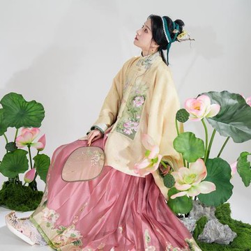 瞳莞原創漢服方領對襟大袖短襖明制織金馬面裙春秋女款一鷺蓮升