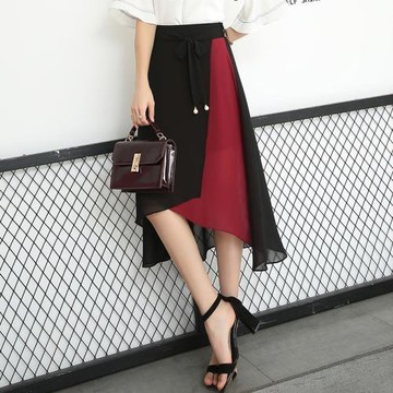 2025夏季新款半身裙拼色不規則中長裙高腰A字裙雪紡防走光裙子