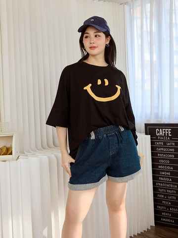 雲朵自訂款-丹寧直條紋腰鬆緊反折短褲