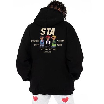 STA美式公仔印花連帽衛衣男女春季潮牌重磅情侶寬松百搭薄款帽衫