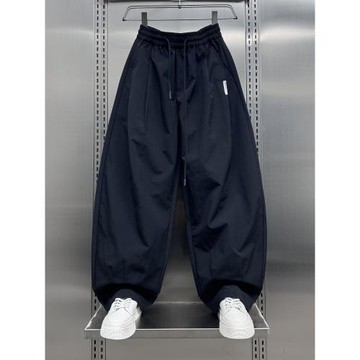 美式簡約潮牌松緊腰休閑彎刀褲男夏季薄款時尚寬松痞帥闊腿速干褲