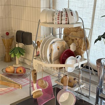 廚房角落置物架 不鏽鋼廚房2層碗架盤子晾乾架 瀝水架 多功能餐具收納置物架子