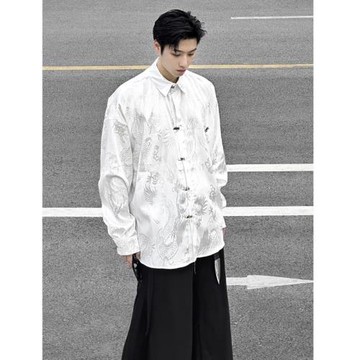 新中式長袖襯衫男秋季暗紋國風潮牌唐裝青少年復古高級感襯衣外套