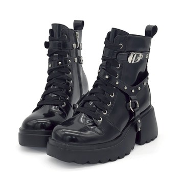 短靴 厚底靴 機車靴 馬丁靴 哥德式甜酷鉚釘3ways可拆式皮帶輕量厚底機車馬汀靴ROBINLO (RUDY 暗夜糖霜)