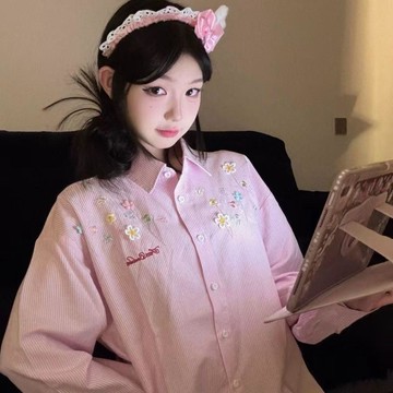 限時下殺不等人⏰條紋花朵夏季休閒韓系刺繡防曬襯衫寬鬆外套新款立體長袖上衣襯衣N7H5