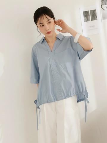 純棉V字翻領下襬抽繩寬版上衣