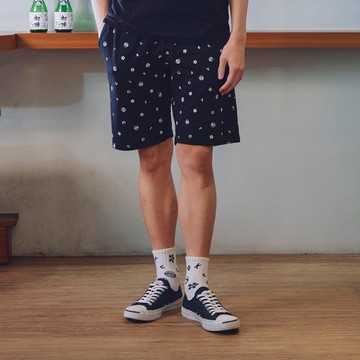 江戶勝 日系 男裝 撞色印花棉休閒短褲(黑灰色) #褲子