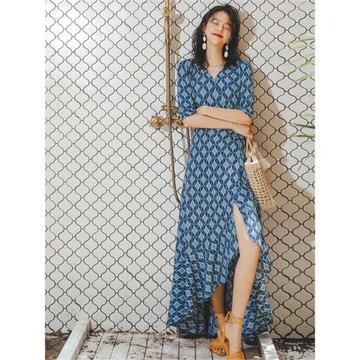 彌古法式一片式裹身連衣裙女夏季波西米亞三亞度假長裙海邊沙灘裙