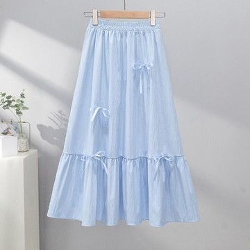胖胖美依 半身裙 長裙 休閒裙 M-XL夏季薄款高腰顯瘦淑長裙蝴蝶結氣質百搭鬆緊腰半身裙-7880.